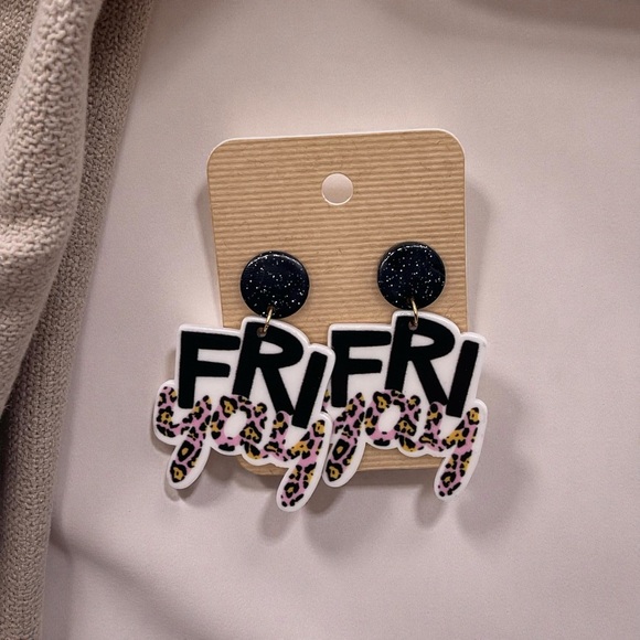 Jewelry - Black and Leopard Print FRIDAY Earrings acrylic